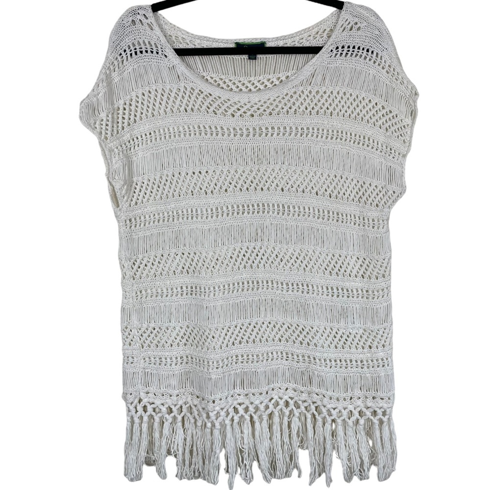 C Wonder Knit Patterned Fringe Hem Swim Cover-up Size Small White Sleeveless Sun